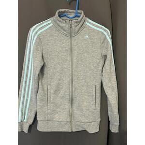 Adidas Women’s Small Zip-Up Jacket Gray Blue Stripes Logo Track Style